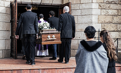 Buy stock photo Death, funeral and people with coffin to church, chapel service and ceremony for temple ritual. RIP, mourning and burial of dead in casket, respect or christian religion, memorial and grieving family