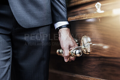 Buy stock photo Funeral, man hands and holding coffin at a sad, death and church even of a person with casket. Support, loss and dead burial of a male at a religion, respect and mourning ceremony with a suit