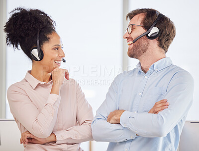 Buy stock photo Call center, man and woman with headset have conversation, talking and discussion with smile, happy and in office. Customer service, client support and diversity with agents, speaking and laughing.