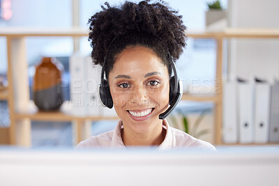 Buy stock photo Call center, black woman portrait and customer service, consulting and crm support, help desk questions and telemarketing office employee. Happy consultant, sales worker and tech communication online