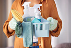 Cleaner, cleaning supplies and ready to start work, prepare for labor and hygiene with brush, bottles and liquid detergents. Domestic, woman and female employee working service, fresh space and cloth