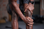 Leg injury, sport accident and black man with knee pain after exercise, fitness and gym workout. Legs of a sports runner or athlete with muscle tension, fibromyalgia or health problem after training