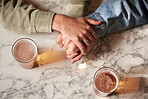 Couple holding hands, above glass beer and bar with comfort, support or bonding together with drink. Helping hand, alcohol or trust with unity, love or care on countertop for empathy communication