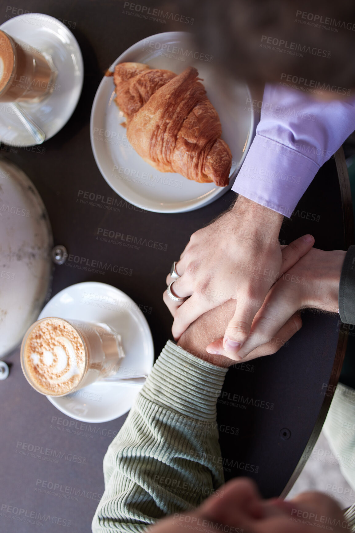 Buy stock photo Couple, hands and food at restuarant for quality time or relationship bonding together. Love, relax and support holding hands or talking at cafe dinning table for lunch, dinner or trust conversation