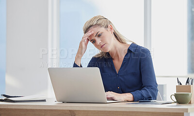 Buy stock photo Stress, headache and anxiety for lawyer on laptop in office, law firm or consulting company. Confused, thinking attorney and frustrated legal woman with technology 404 glitch or court case burnout