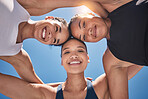 Fitness, friends and portrait of athletes from below at an outdoor marathon, training or practice. Sports, team and healthy happy women doing exercise or practicing for an athletic championship.