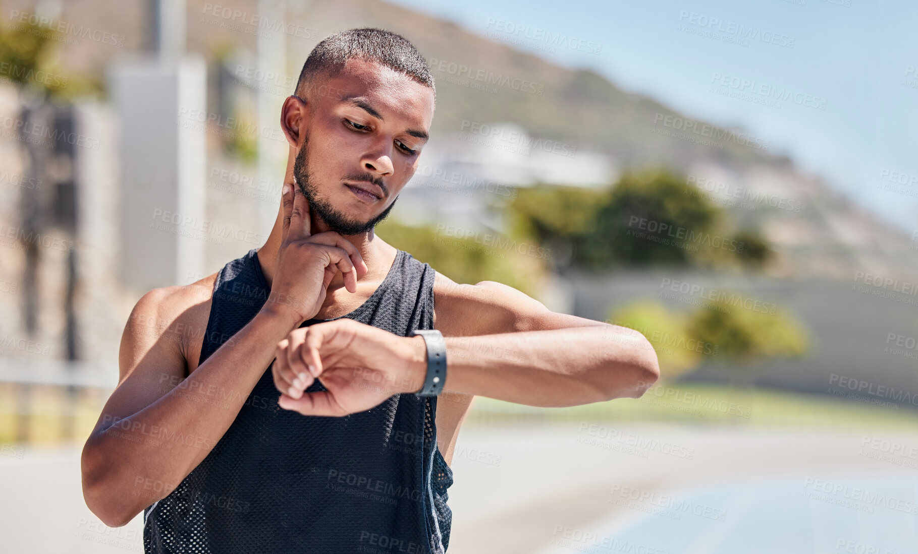 Buy stock photo Fitness, runner or black man checking pulse on smartwatch for training time, wellness goal or workout on tracker app. Athlete, jogger or man for watch progress, heart rate or health cardio in street