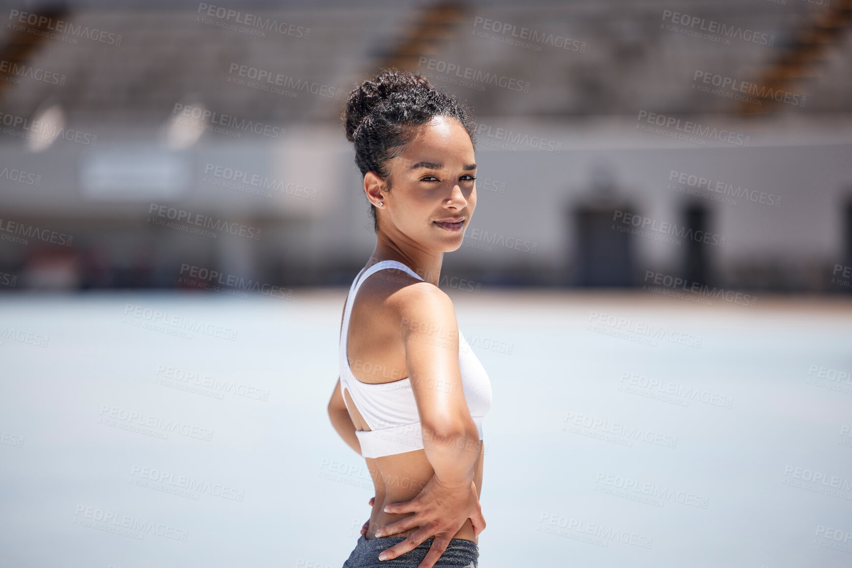 Buy stock photo Woman portrait, athlete and fitness in an outdoor stadium happy about exercise, training and run. Black woman sports runner with a smile with happiness of health workout and sport goals outdoor