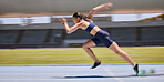 Athlete, running and sports track with a woman outdoor for fitness, exercise and training for a race, marathon or competition. Runner moving fast with speed and energy during workout for performance