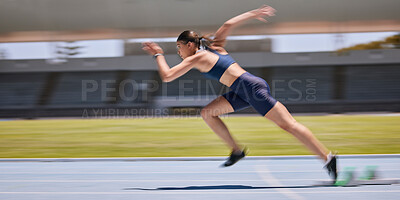 Buy stock photo Athlete, running and sports track with a woman outdoor for fitness, exercise and training for a race, marathon or competition. Runner moving fast with speed and energy during workout for performance