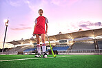 Sports, hockey and girl in outdoor stadium ready for game, match and practice in evening. Fitness, motivation and young woman on field with hockey stick and ball, doing exercise, workout and training