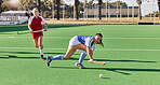 Hockey, sports and fitness with women on field and training for for workout, endurance and health. Goals, cardio and exercise with hockey player running in stadium for competition, athlete and games
