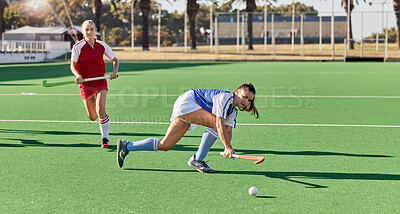Buy stock photo Hockey, sports and fitness with women on field and training for for workout, endurance and health. Goals, cardio and exercise with hockey player running in stadium for competition, athlete and games