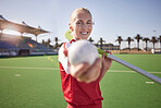 Sport, hockey and woman with fitness on field, athlete in stadium portrait, happy with exercise outdoor. Hockey player, ball and stick on turf ready for game, training and sports motivation.