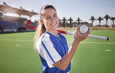 Buy stock photo Sports, hockey and woman at a stadium for fitness, training and game practice, happy and proud. Field hockey, coach and sport leader portrait of lady holding a ball before endurance match on a field