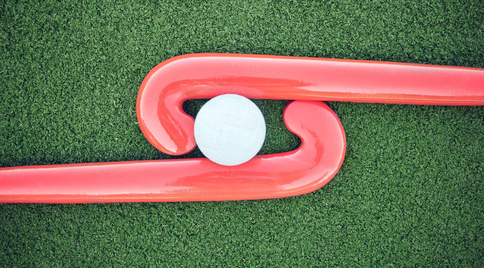 Buy stock photo Hockey, ball and stick on green field, pitch and equipment against grass background after game, competition and match. Sports equipment, top view and astroturf with in practice, training and sport