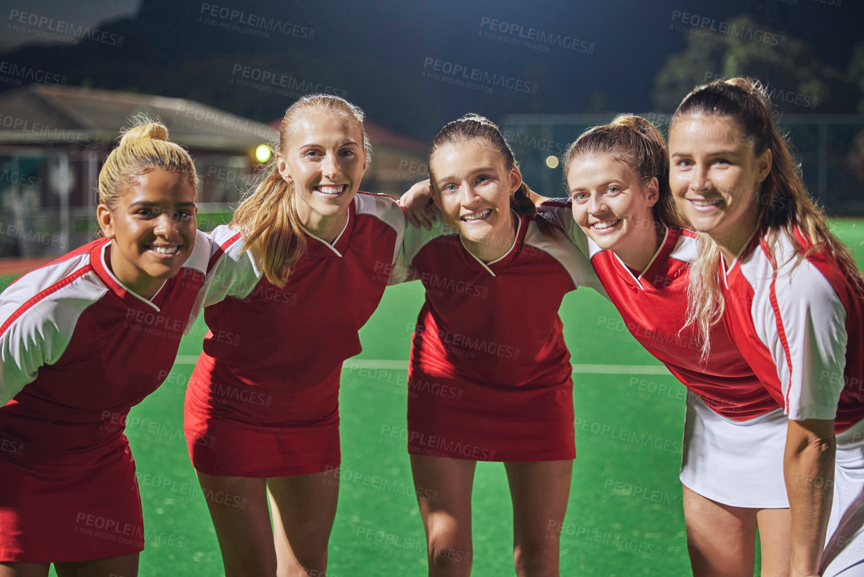 Buy stock photo Team, sport and soccer portrait with women before fitness, training and sports game. Diversity, smile and happiness of teamwork and exercise collaboration on a soccer field ready for football