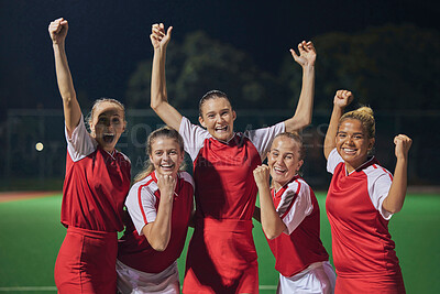 Buy stock photo Soccer, winning team, and women celebrate win and teamwork on soccer field. Success, sports and proud girls in group portrait together, winner football team from Brazil on grass at night soccer game.