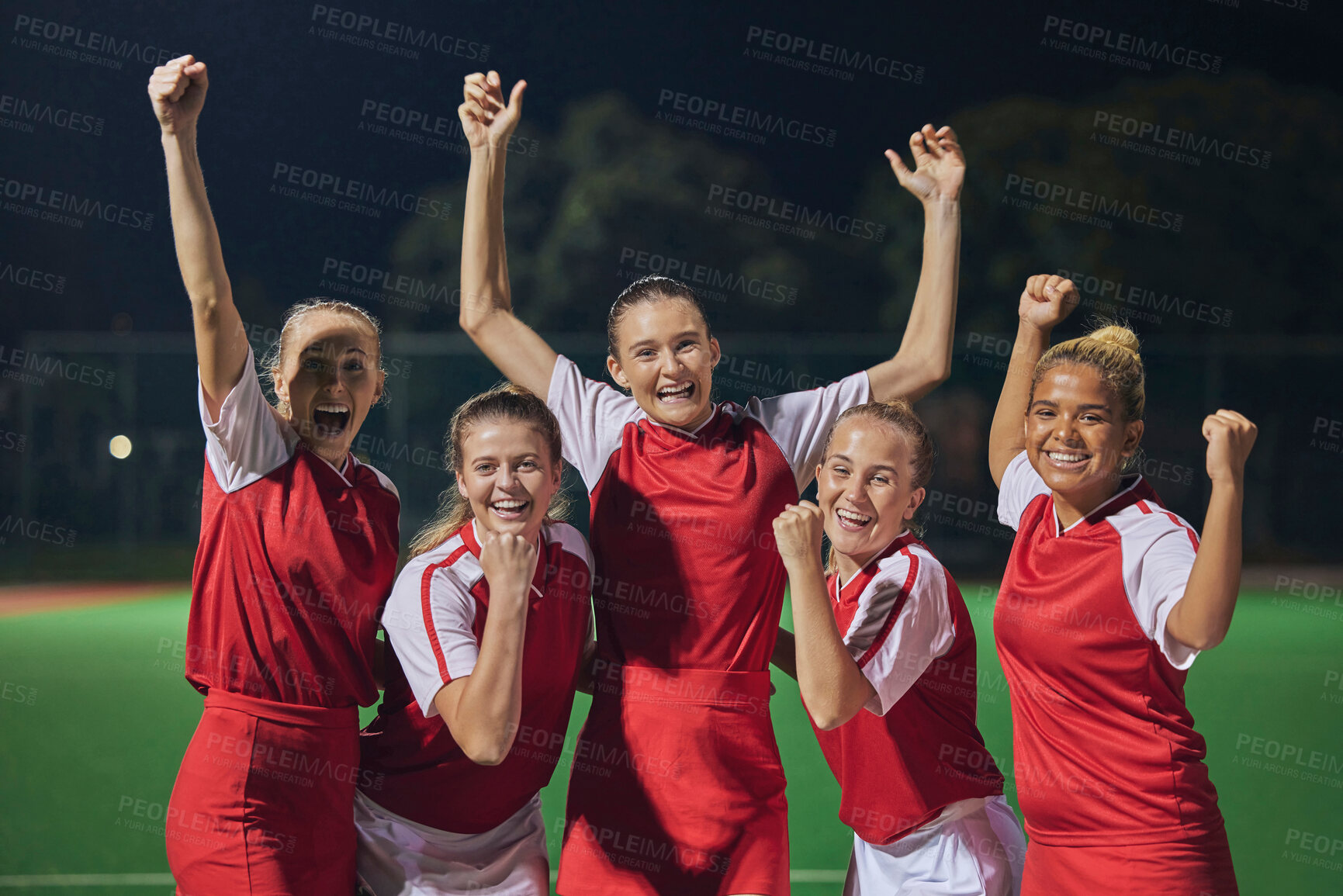 Buy stock photo Soccer, winning team, and women celebrate win and teamwork on soccer field. Success, sports and proud girls in group portrait together, winner football team from Brazil on grass at night soccer game.