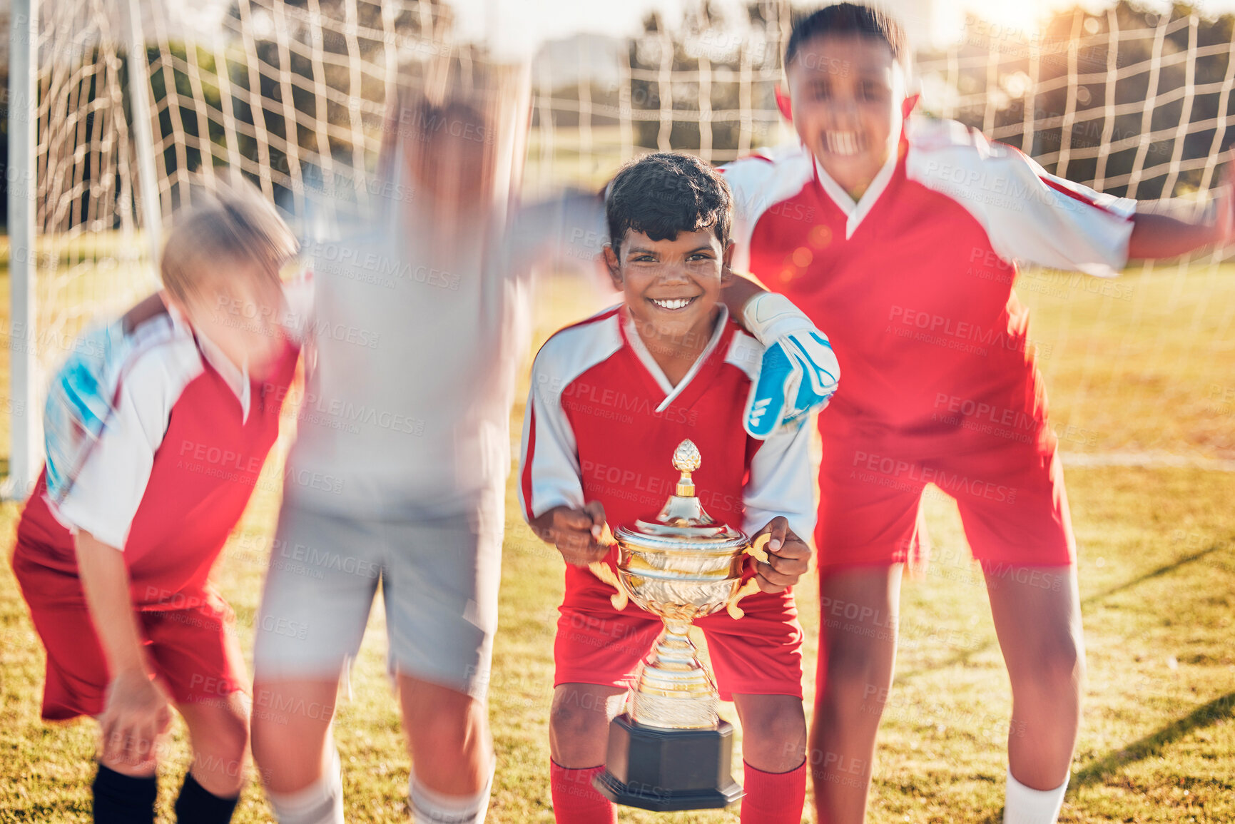 Buy stock photo Trophy, soccer and team in celebration of success as winners of a sports award in a childrens youth tournament. Happy, goals and young soccer players celebrate winning a kids football championship 