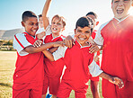Teamwork, fitness or happy football children for success, goal or celebration for team building on soccer field. Friends kids or sports children for victory, winner or motivation exercise workout