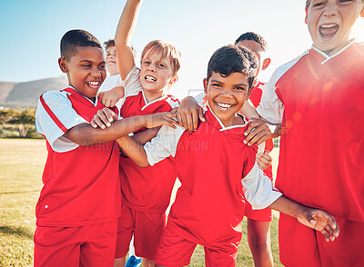 Buy stock photo Winner, fitness or happy football children for success, goal or celebration for team building on soccer field. Friends kids or sports children for victory, teamwork or motivation exercise workout