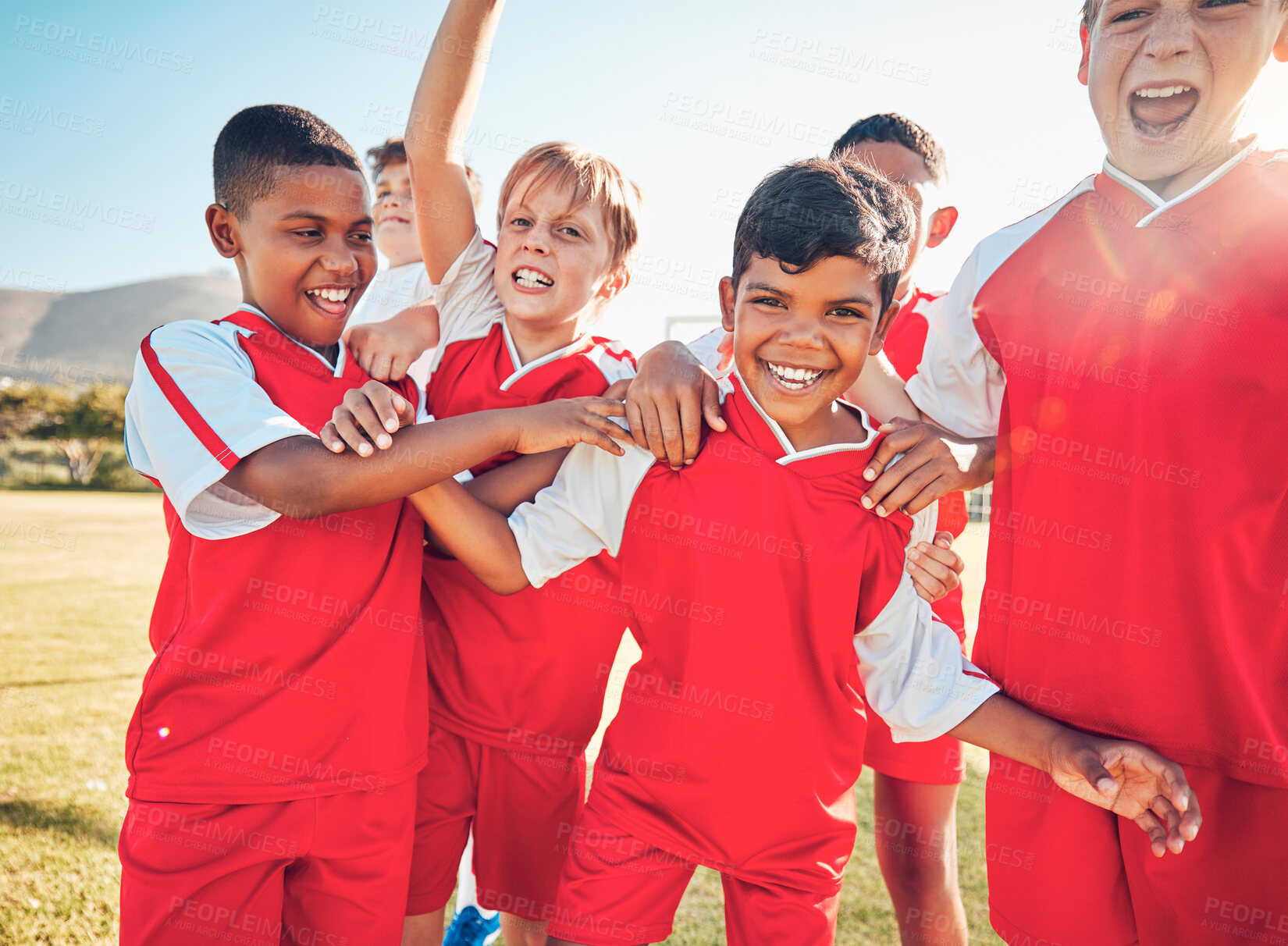 Buy stock photo Winner, fitness or happy football children for success, goal or celebration for team building on soccer field. Friends kids or sports children for victory, teamwork or motivation exercise workout