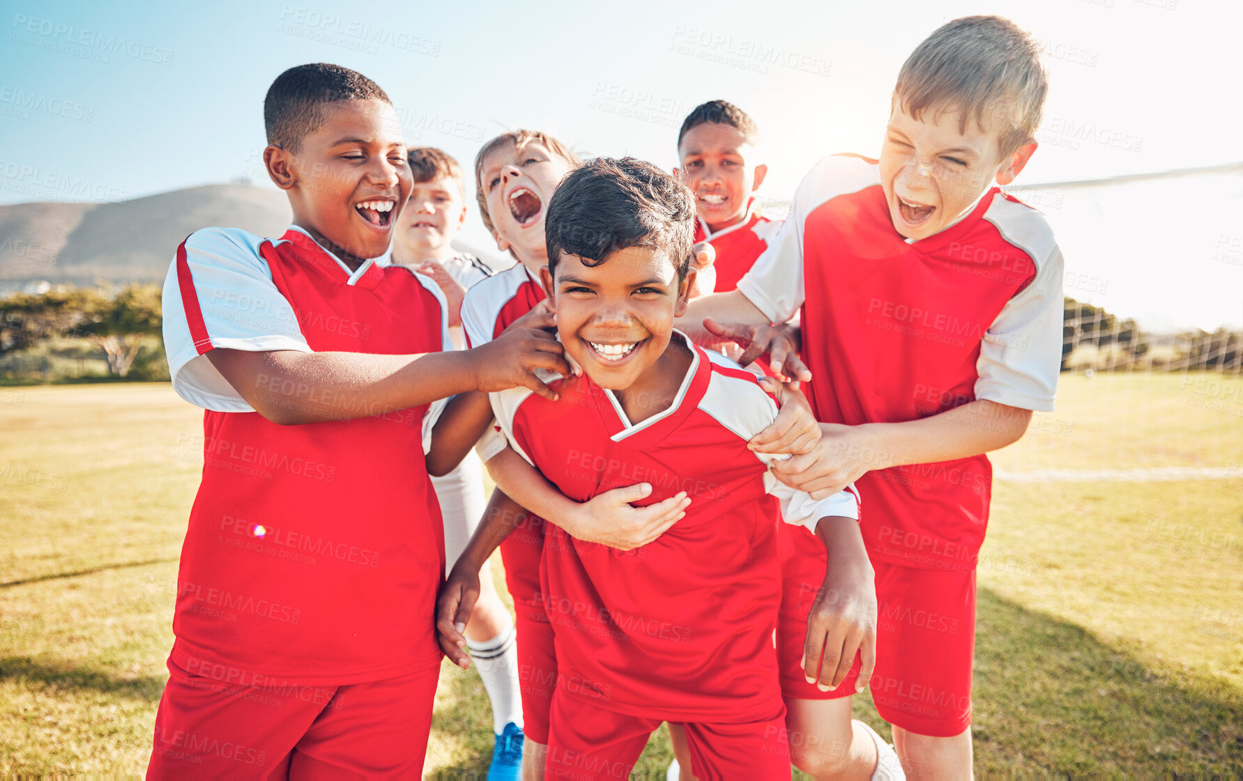 Buy stock photo Soccer, winner or happy team of children for success, goal or celebration in game or competition on soccer field. Football, sport boy or athlete kids in training workout, teamwork exercise or support