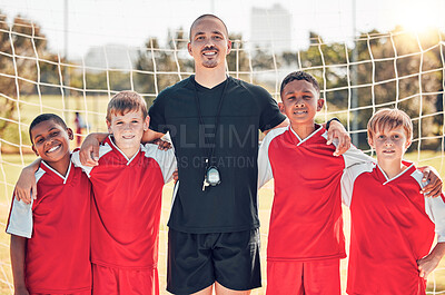 Buy stock photo Soccer, football coach and kids team stand in goal post for team solidarity, tournament game and teamwork to play a competitive match. Happy sports players, soccer field and sport group collaboration