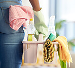 Hand, cleaning products and home supplies for house cleaning service. Cleaner, chemical basket and hygiene safety tools for spring clean worker in latex gloves with chemical sanitation container