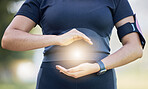 Fitness, workout and sun hologram in hands to show healthy wellness, fitness and sport lifestyle. Calm sports, wellness and training woman outdoor with a light in her hand to show athlete peace 