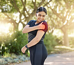 Black woman, runner and muscle pain in arm while outdoor for fitness, workout or exercise in park. Woman, running and training for healthy body with sore, strain or injury on path massage for care