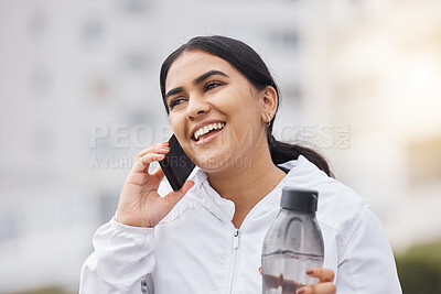 Buy stock photo Woman, phone call and fitness to relax, with water bottle and smile outdoor, exercise and conversation on break. Smartphone, connect and fresh female workout, talking and happy to rest and wellness.