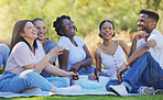 Friends, funny and outdoor picnic in park, laugh at comedy with fun together and beer with food out in nature. Happiness, comic and diversity in friendship, men and women bonding and laughing.