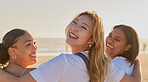 Portrait, hug and women friends at beach for vacation, holiday or summer trip. Back view, smile and happy people enjoying quality time outdoors, having fun and bonding together by sea or ocean shore.