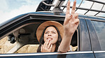 Travel, car and woman with peace hand sign, adventure and transportation for fun vacation and road trip with view. Young female, summer holiday and wait in automobile, journey and traveling.