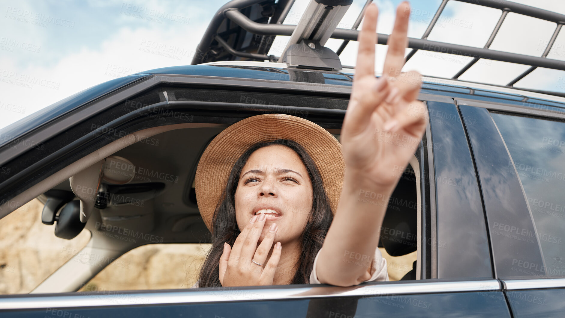 Buy stock photo Travel, car and woman with peace hand sign, adventure and transportation for fun vacation and road trip with view. Young female, summer holiday and wait in automobile, journey and traveling.