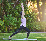 Woman, zen and yoga meditation stretching in nature park outdoors for mental health, fitness and balance exercise. Young athlete, healthy lifestyle motivation and relax spiritual freedom performance 