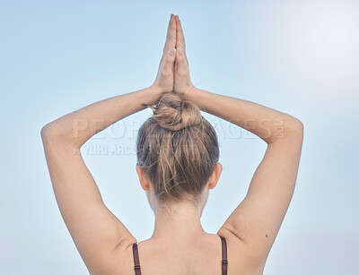 Buy stock photo Woman, yoga prayer and hands on head for zen meditation exercise, breathing concentration and soul wellness focus workout. Spiritual health, Buddhist faith healing and stretching mindfulness training