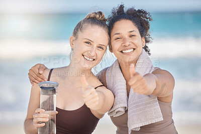 Buy stock photo Exercise, friends and women with thumbs up at the beach together, happy after running, exercise and workout. Fitness, healthy body and portrait of females with wellness, success and training outdoors