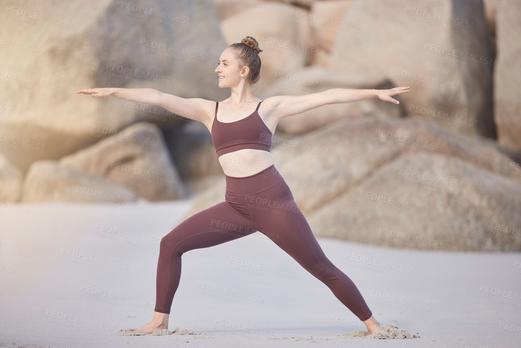 Buy stock photo Yoga fitness, woman stretching and beach for meditation, wellness and health in morning with happy energy. Sea sand, zen girl and outdoor exercise in workout, training or mindfulness for healthy body