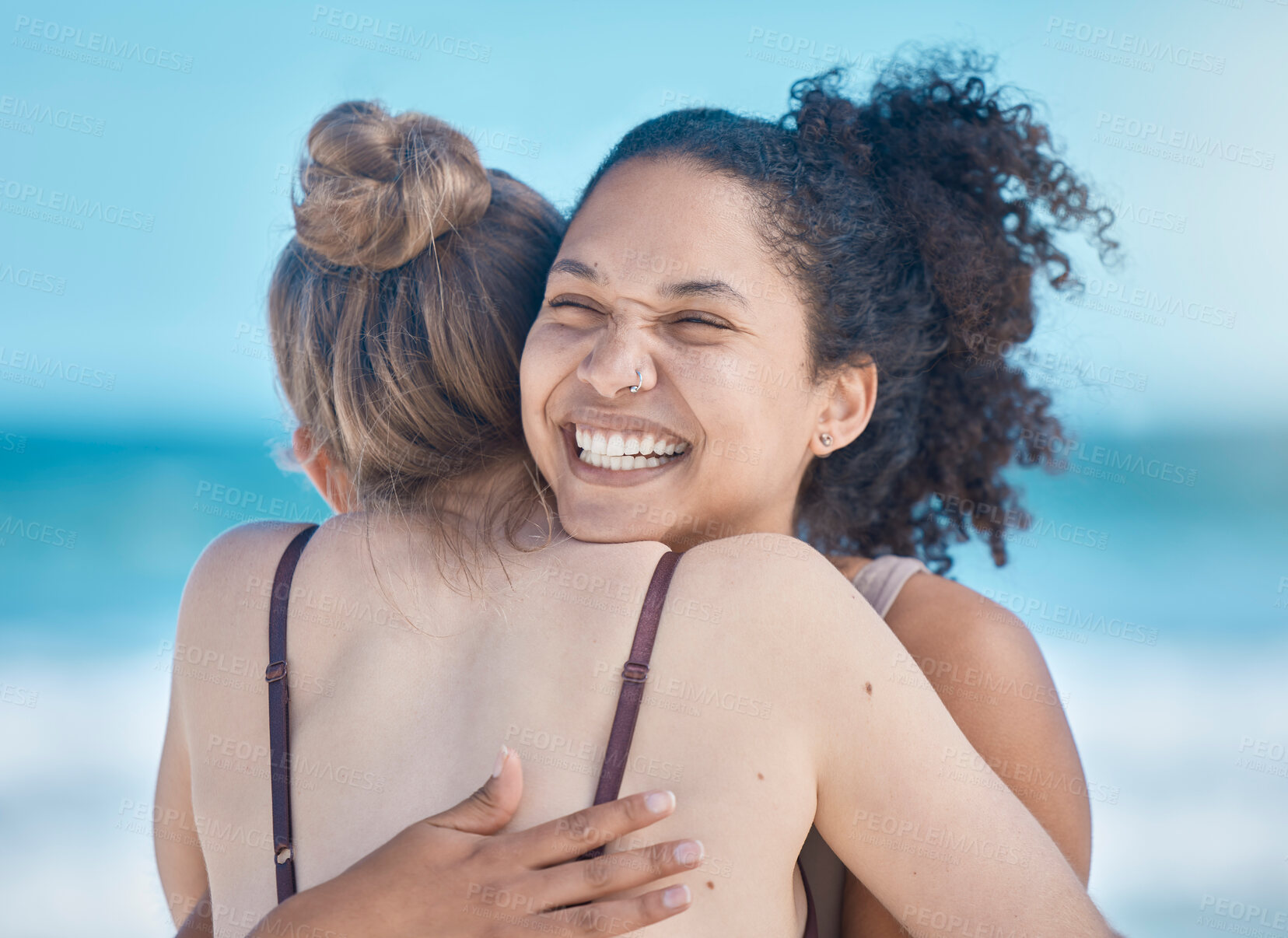 Buy stock photo Fitness, friends and women hug at the beach after achievement in running, exercise and workout. Wellness, friendship and girls hugging, embracing and excited from exercising and training together