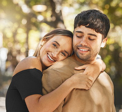Buy stock photo Love, couple and hug being happy, smile and romantic for relationship, bonding and outdoor together. Romance, man and woman embrace, being loving and connect for happiness, passion and content.