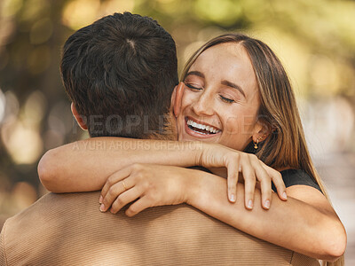 Buy stock photo Love, hug and couple at park, nature or outdoors on date, vacation or holiday. Happy, smile and man and woman hugging, embrace or cuddle with affection or bonding while enjoying quality time together
