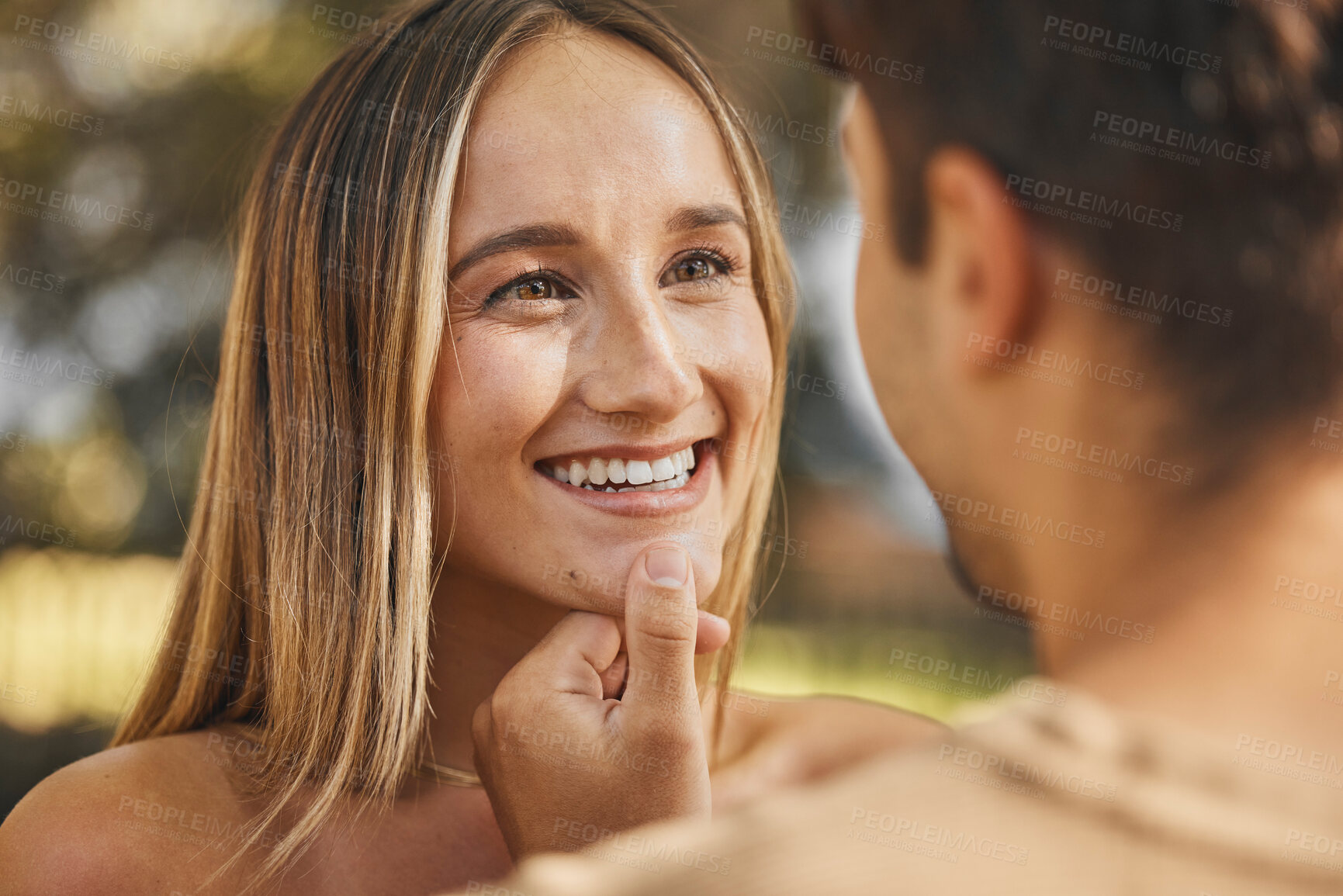 Buy stock photo Love, man touching woman chin for happiness, intimacy and bonding being loving, happy or smile together. Romance, couple or connect for relationship for quality time, passionate or embrace on holiday