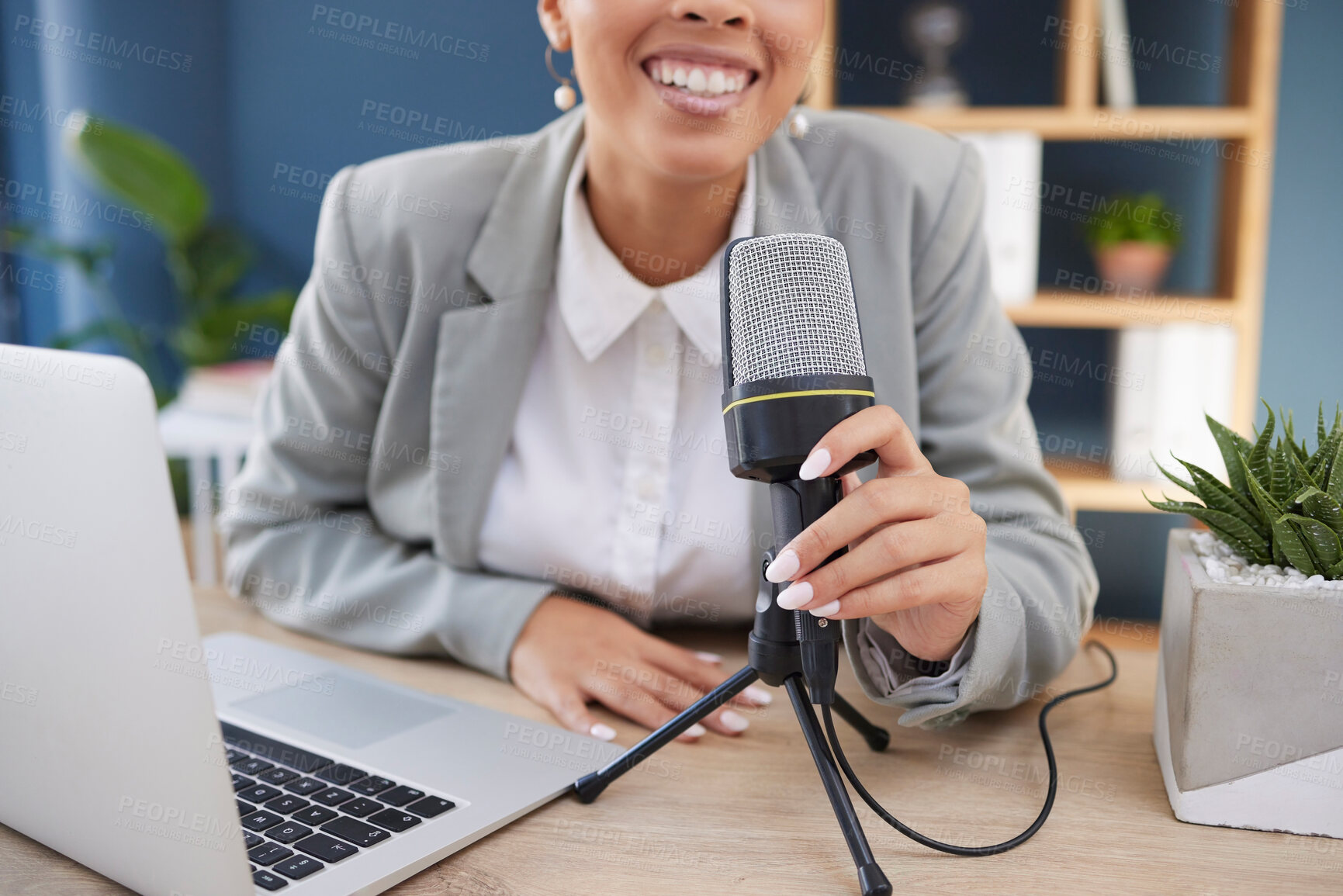 Buy stock photo Podcast, laptop and microphone woman with broadcast, news update or live streaming communication in office. Business influencer, journalist or radio speaker mic and technology for a virtual interview