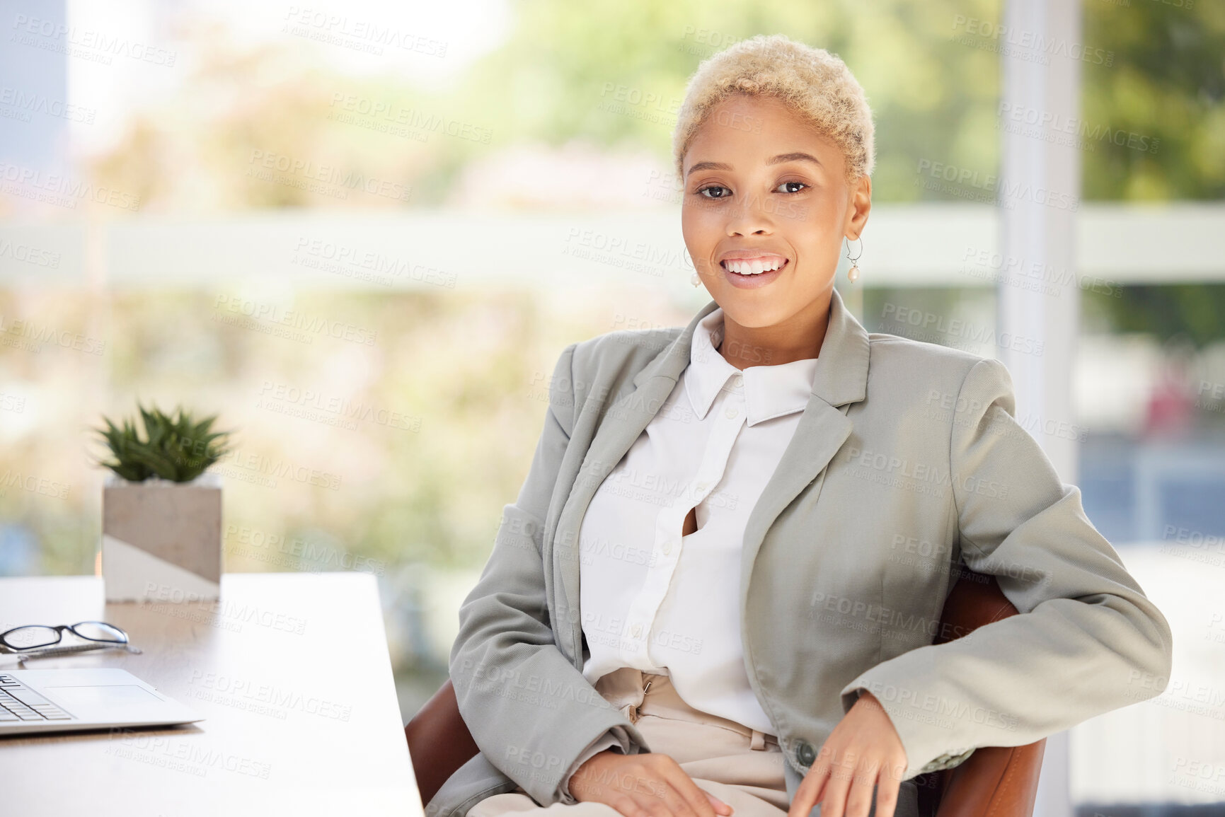 Buy stock photo Business woman, portrait and happy working in a corporate advertising company with vision and motivation for career growth. Black woman, employee and smile for success in marketing and pride in job