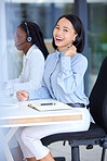 Call center, customer support and portrait of a telemarketing consultant working in modern office. Crm, customer service and happy sales woman from Singapore doing online consultation with technology