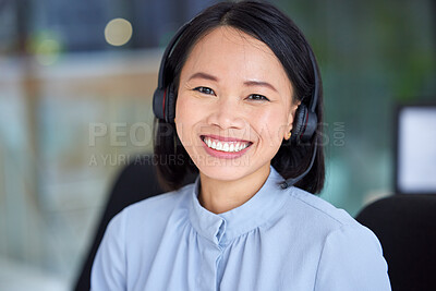 Buy stock photo Call center, asian, woman and sales consultant with a smile for sales, customer support and telemarketing at office for friendly service. Portrait of happy contact us, CRM and telecom service agent