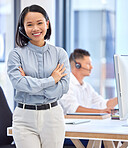 Call center, customer support and portrait Asian woman in the office, working with smile on face. Leadership, management and businesswoman standing in crm, telemarketing and customer service company